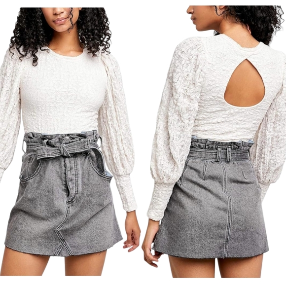 Free People Women's Top Jasmine Tea Time Long Puff Sleeve Off-White Top - Picture 1 of 12